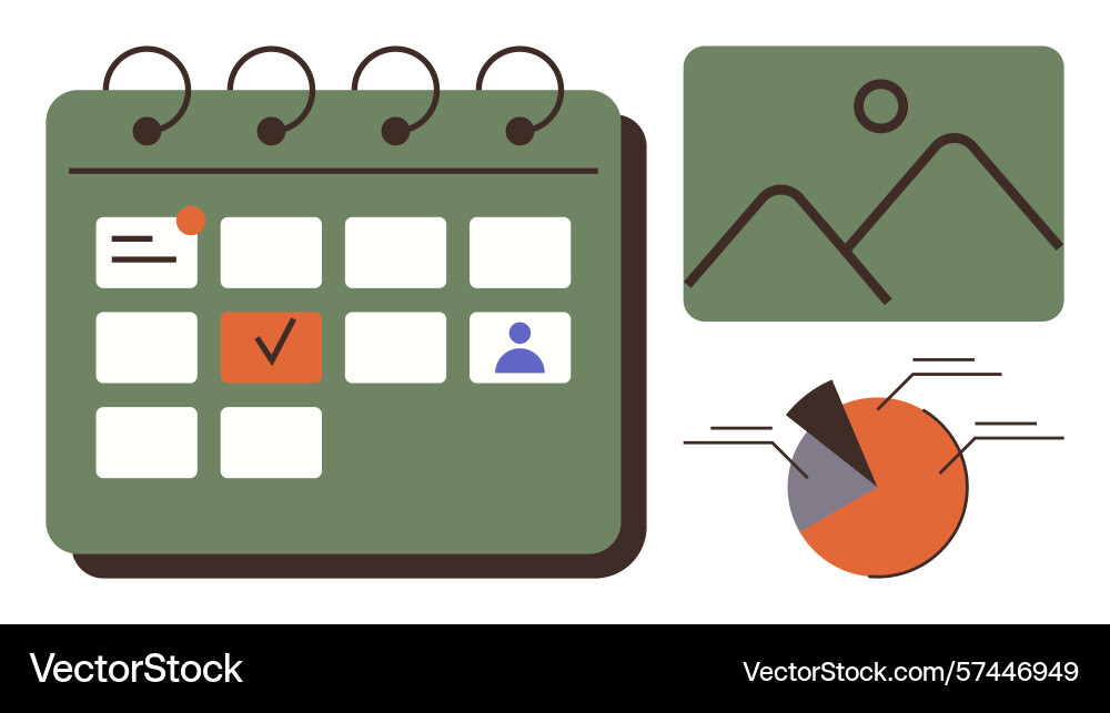 Calendar with tasks image preview and pie chart Calendar with tasks image preview and pie chart vector image