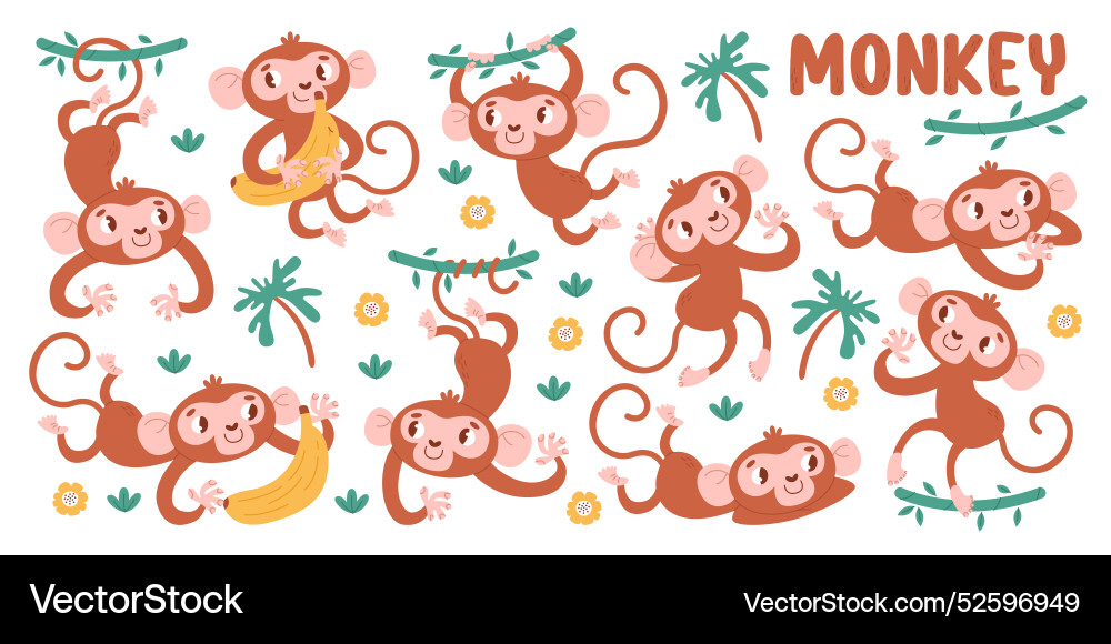 Cheerful funny monkey cartoon characters jumping Vector Image