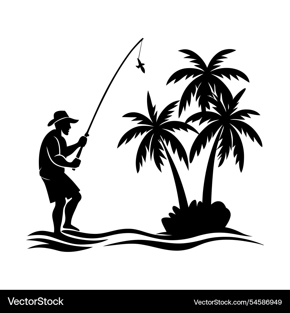 Fisherman casting a line with palm trees Vector Image