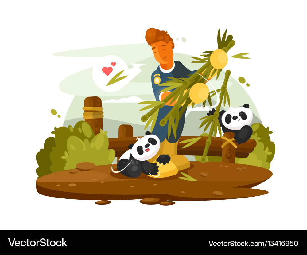 Zoo worker feeds cute pandas Zoo worker feeds cute pandas vector image