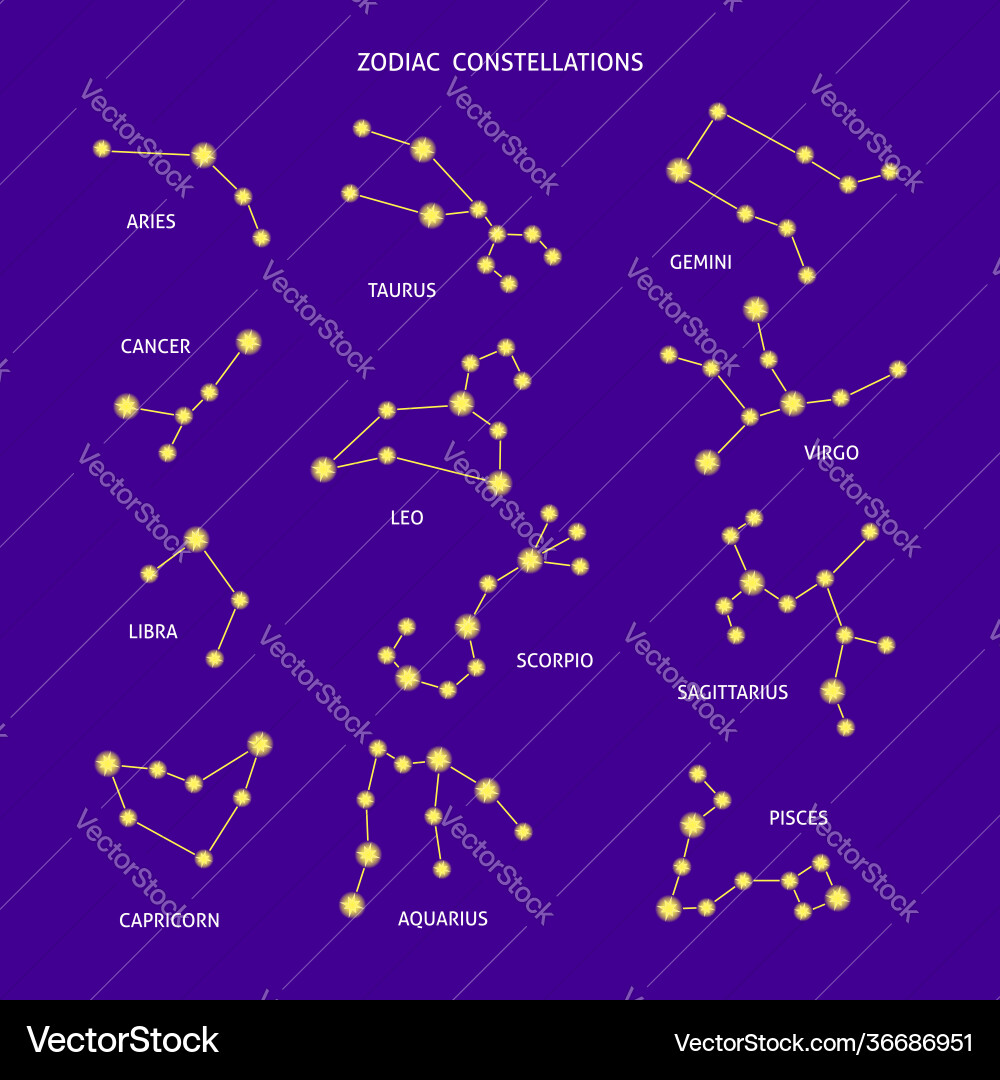 12 zodiac constellations set with titles 12 zodiac constellations set with titles vector image