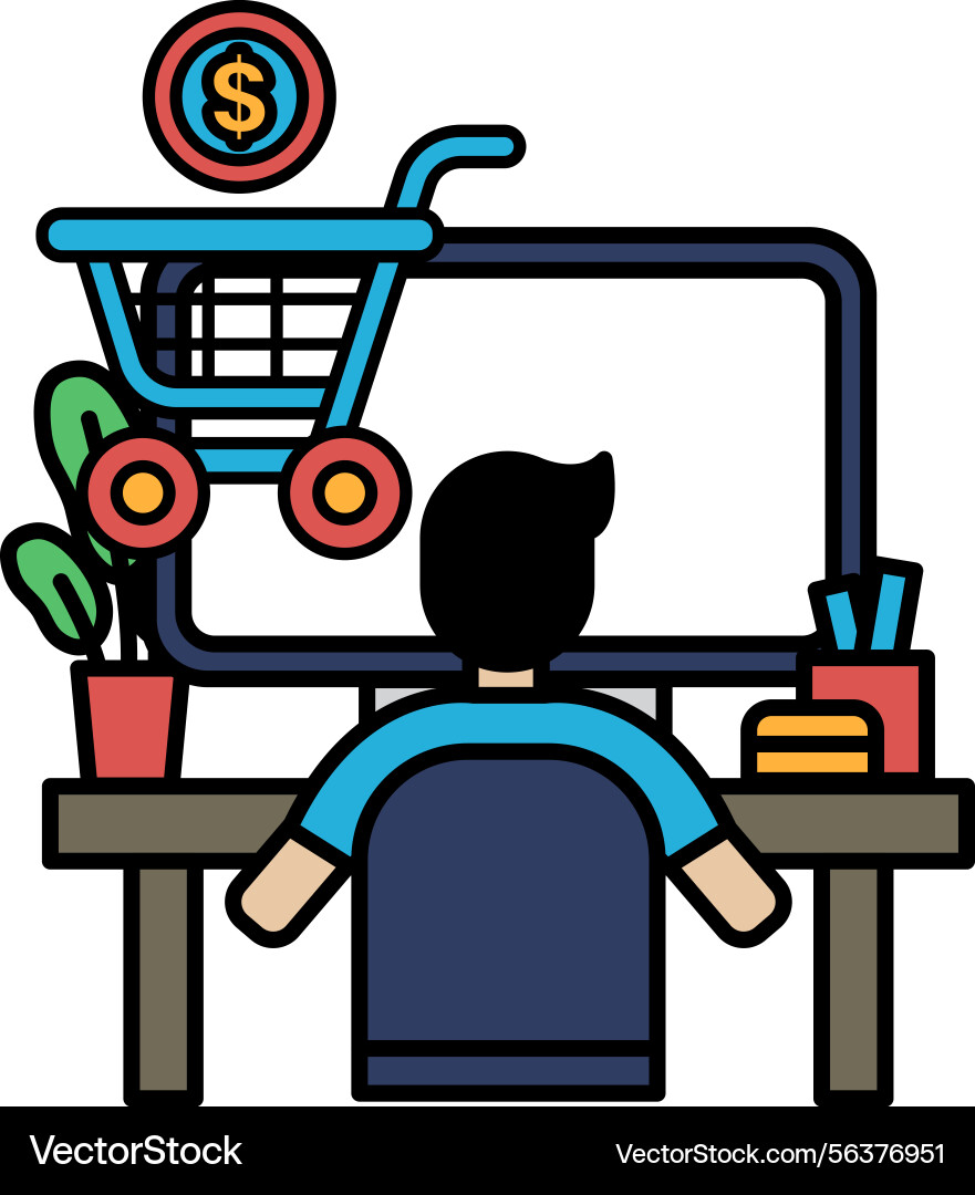 A man is sitting at desk with computer monitor A man is sitting at desk with computer monitor vector image
