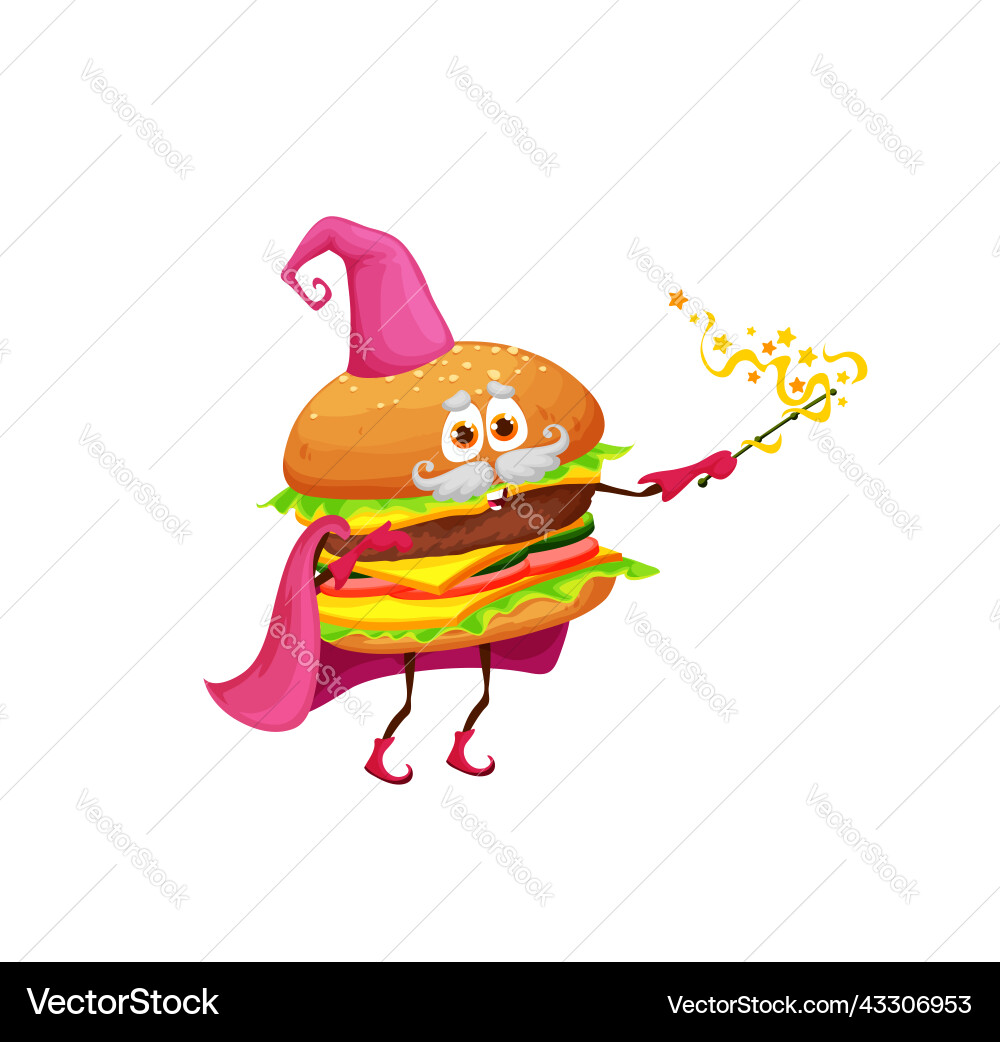 Cartoon funny cheeseburger wizard character Cartoon funny cheeseburger wizard character vector image