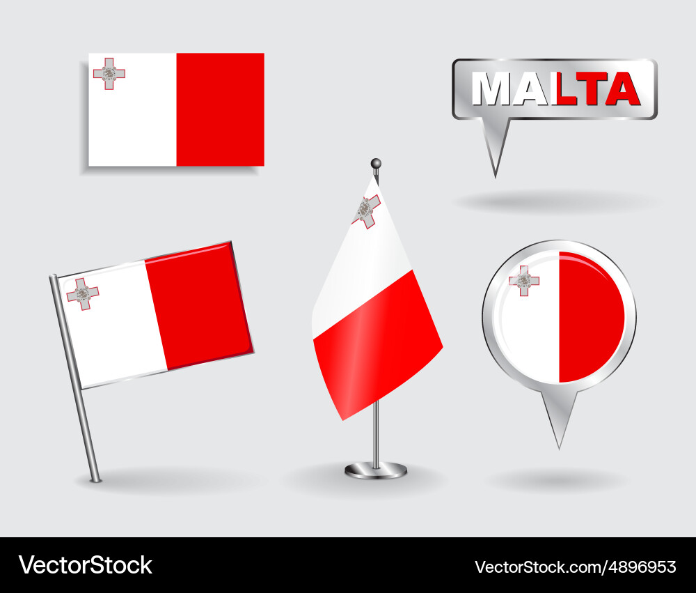 Set of maltese pin icon and map pointer flags vector image