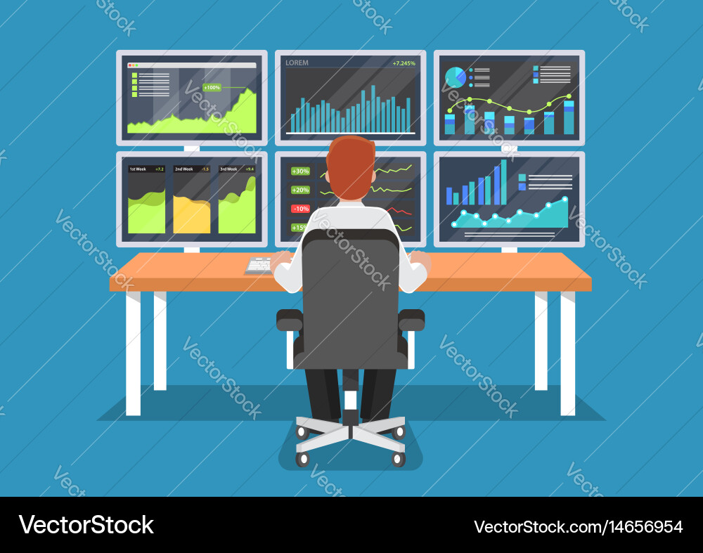Stock Trader Arbeiten mit mehreren Monitoren vektorbild