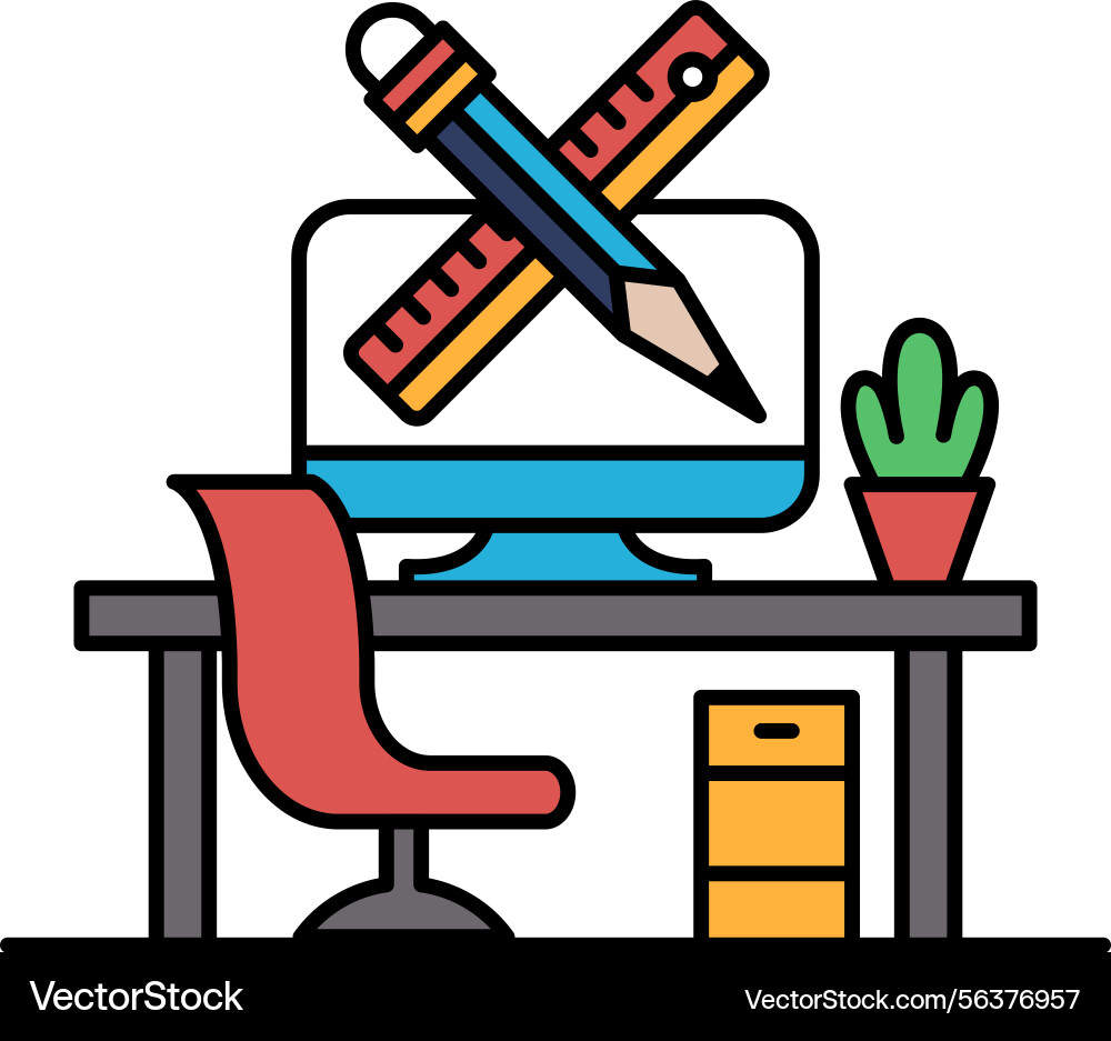 A computer monitor with pencil and ruler A computer monitor with pencil and ruler vector image