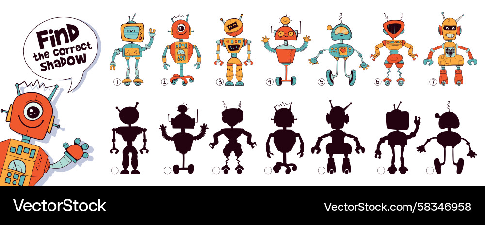 Shadow Matching Robots Puzzle Vector Image