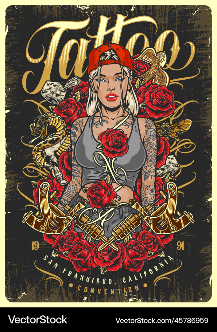 Hot tattoo woman poster colorful Hot tattoo woman poster colorful vector image