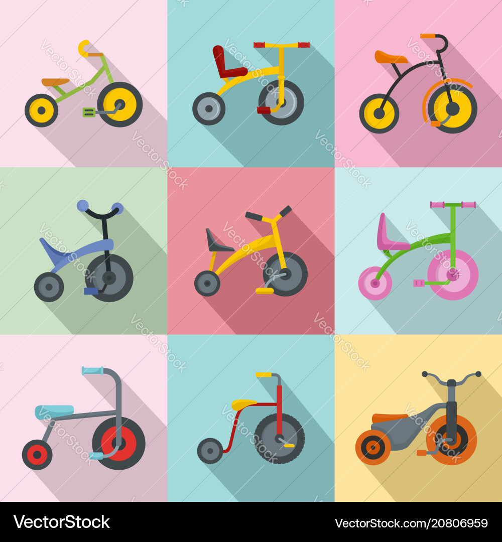 Tricycle bicycle bike wheel icons set flat style Tricycle bicycle bike wheel icons set flat style vector image