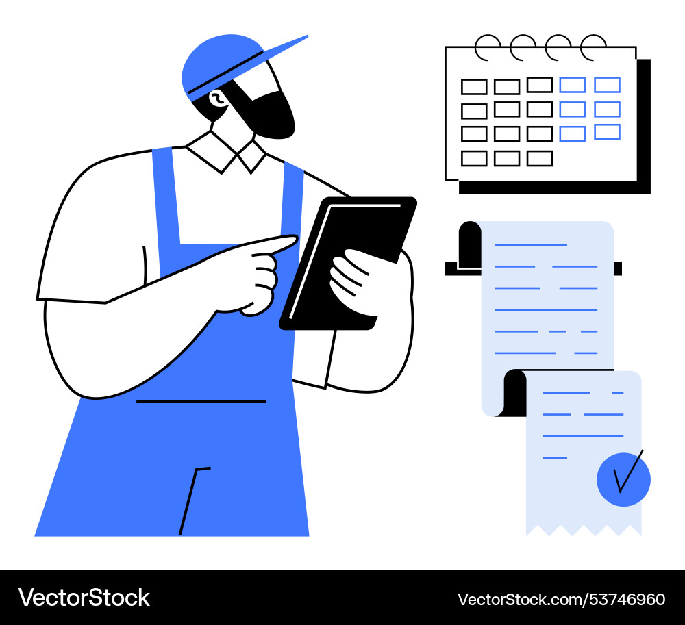 Arbeiter mit Tablet für Aufgabenplanung Arbeiter mit Tablet für Aufgabenplanung Vektorbild