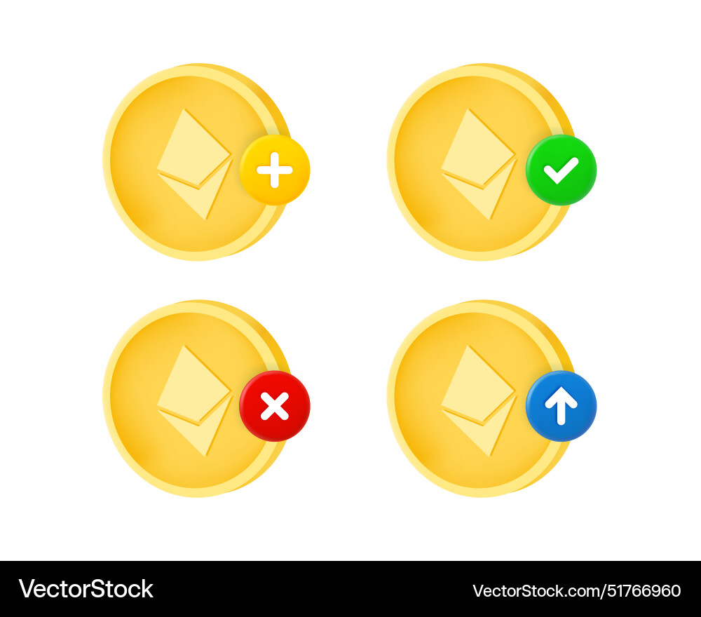 Ethereum coin set with different pictograms 3d Ethereum coin set with different pictograms 3d vector image