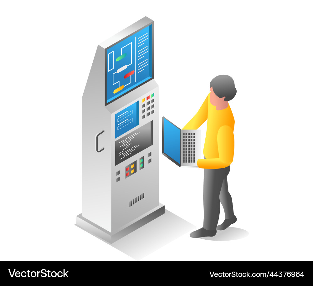 Flat isometric concept operator controlling cnc Flat isometric concept operator controlling cnc vector image