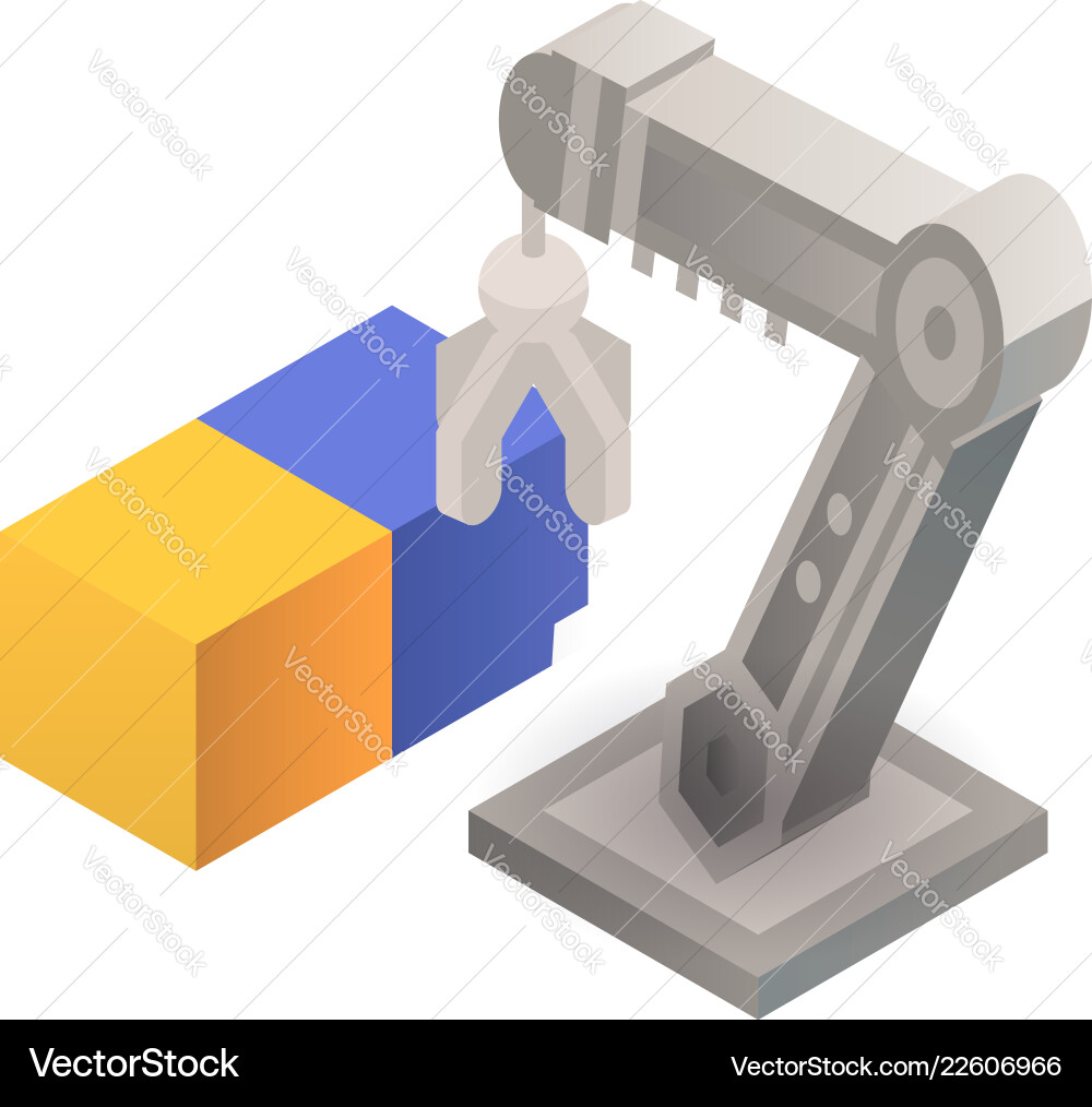 Robot arm take cube icon isometric style Robot arm take cube icon isometric style vector image