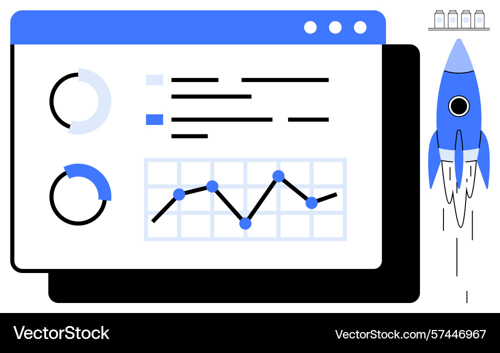 Rocket launch next to analytics dashboard Rocket launch next to analytics dashboard vector image