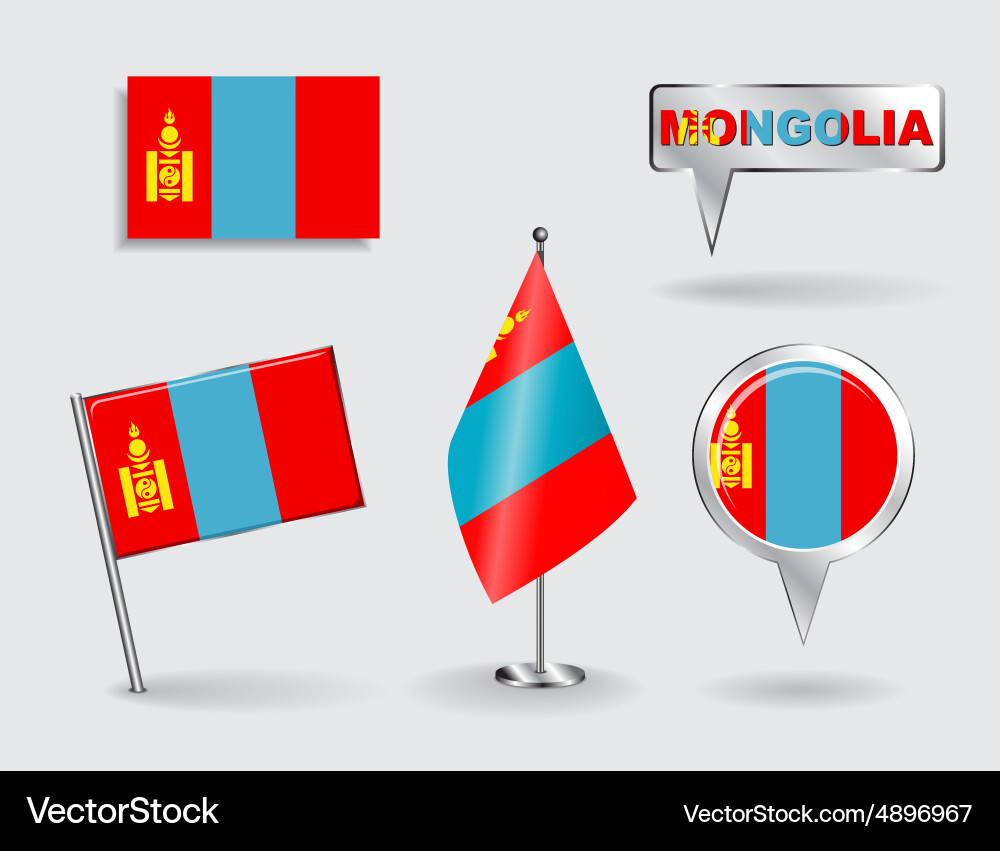 Set of mongolian pin icon and map pointer flags vector image