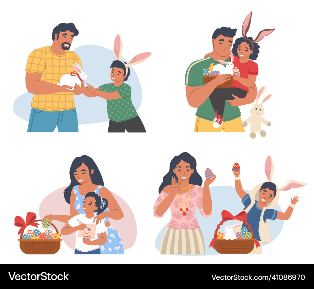 Family easter celebration scene set Family easter celebration scene set vector image