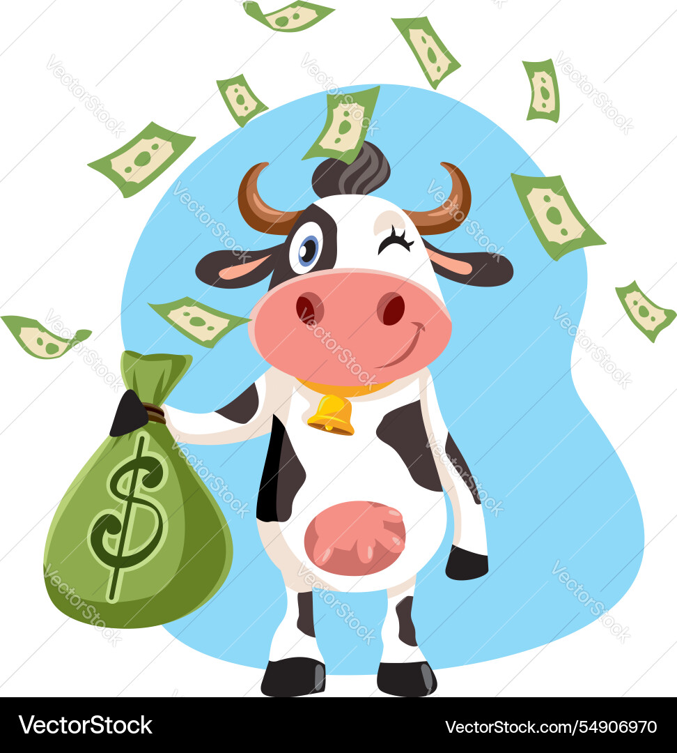 Funny cash cow with money bag character Funny cash cow with money bag character vector image