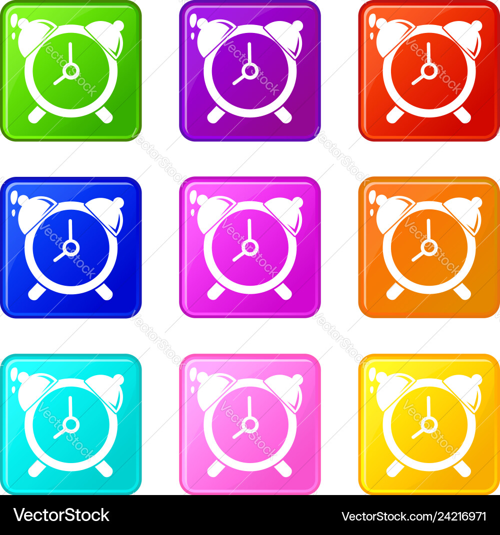 Alarm clock icons set 9 color collection Alarm clock icons set 9 color collection Vector Image