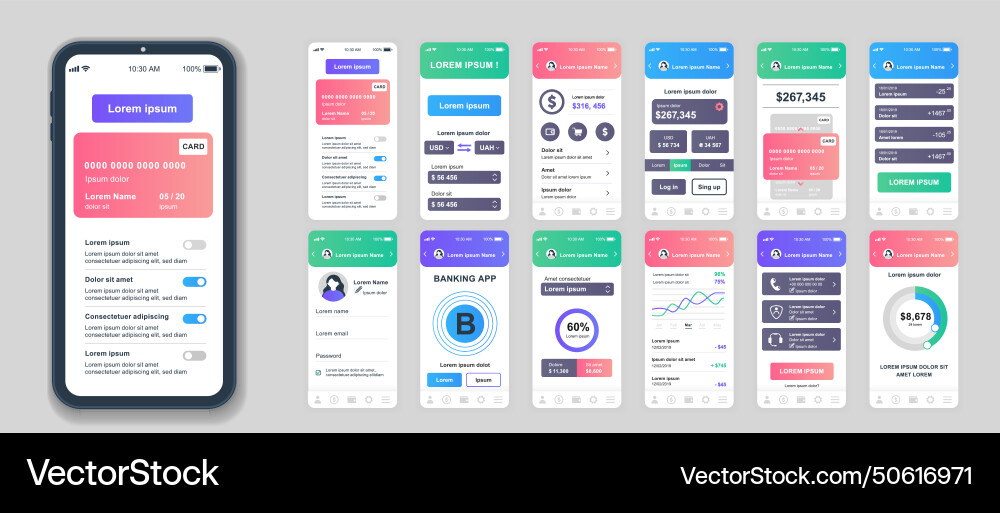 Banking mobile app screens set for web templates Banking mobile app screens set for web templates vector image