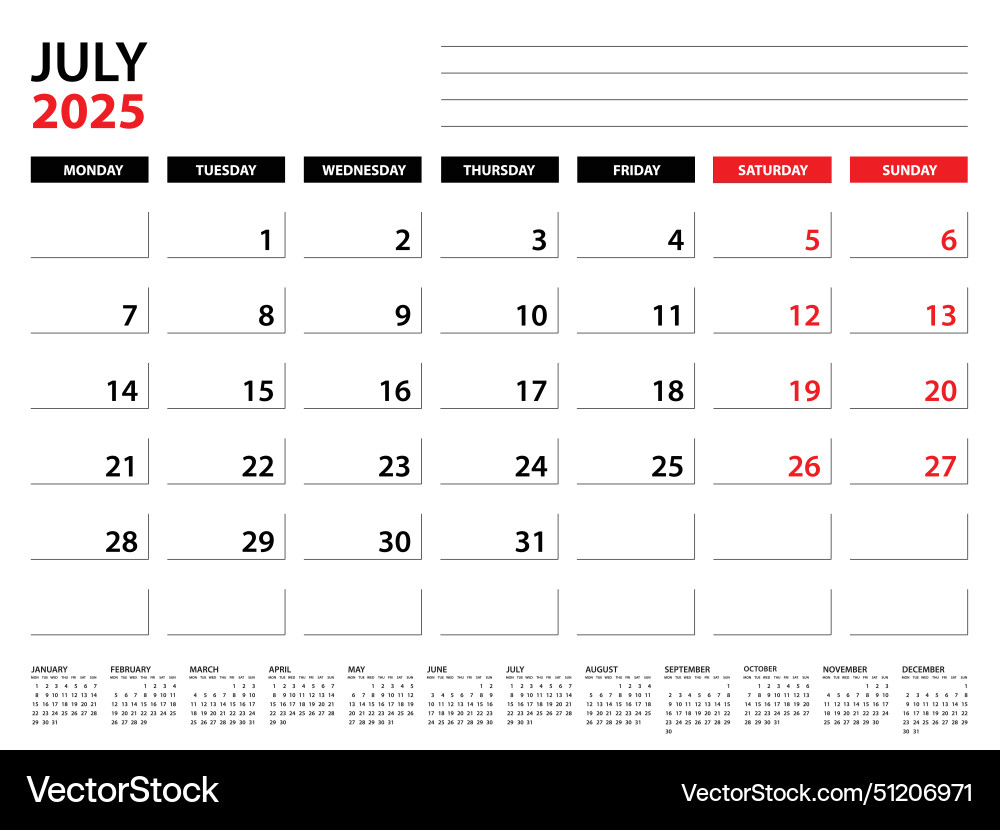 July 2025 year planner template calendar Vector Image