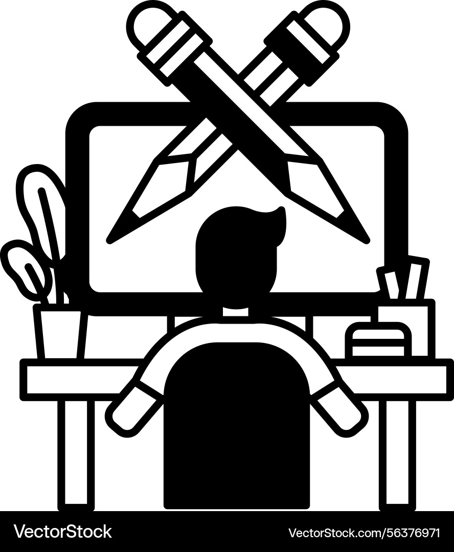 Man is sitting at a desk with computer monitor Man is sitting at a desk with computer monitor vector image