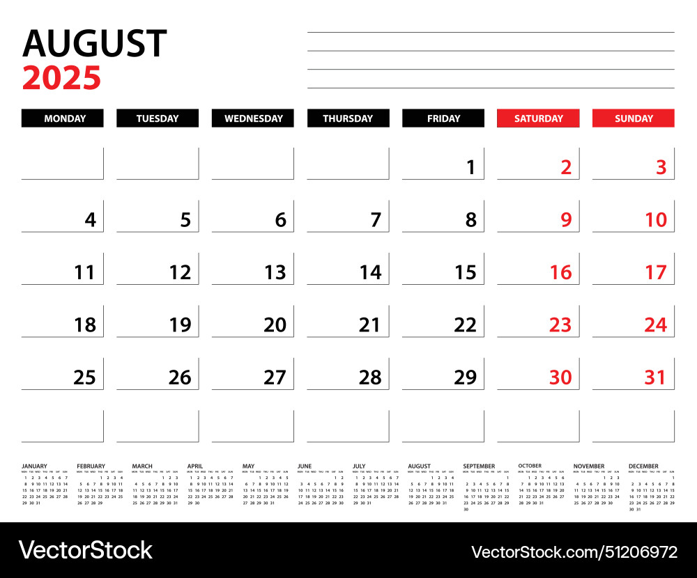 August 2025 year planner template calendar Vector Image