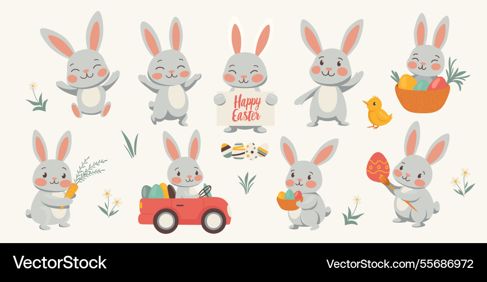 Cute easter bunny set rabbits holding eggs Vector Image