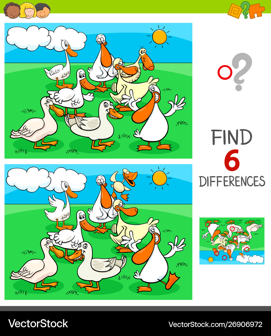 Differences game with ducks animal characters Differences game with ducks animal characters Vector Image