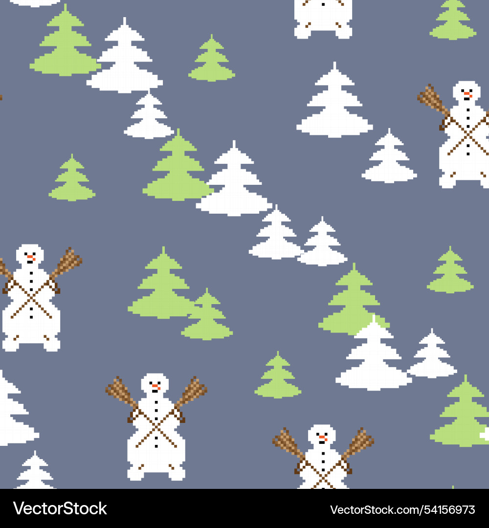 Pixel pattern with snowmen and fir trees vector image