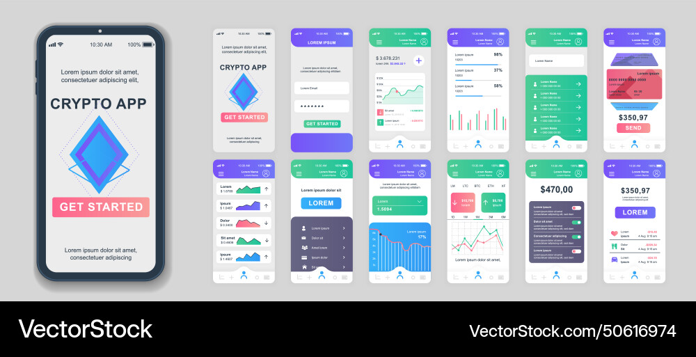 Crypto mobile app screens set for web templates Crypto mobile app screens set for web templates vector image