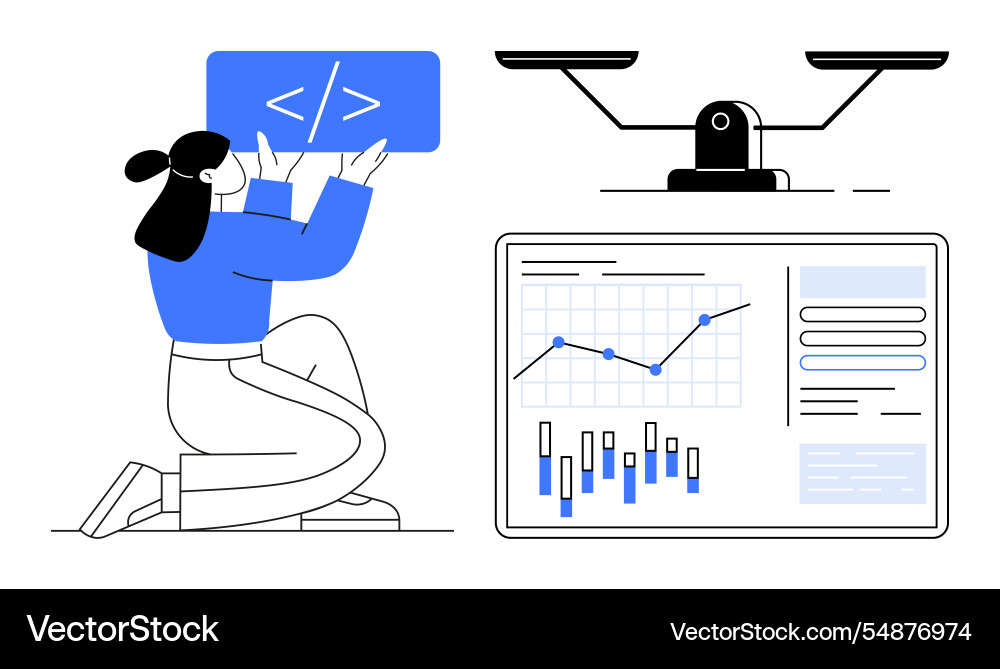 Developer analyzing code balancing scales Developer analyzing code balancing scales Vector Image