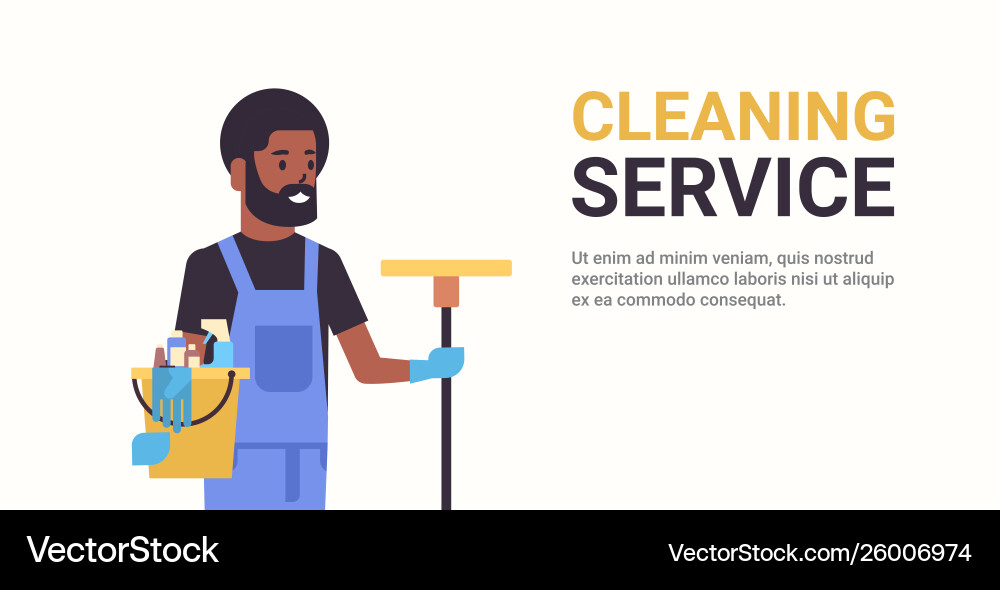 Man janitor holding bucket with tools and mop Man janitor holding bucket with tools and mop vector image
