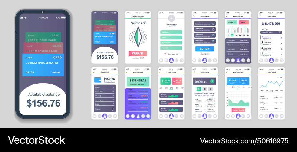 Crypto mobile app screens set for web templates Crypto mobile app screens set for web templates Vector Image