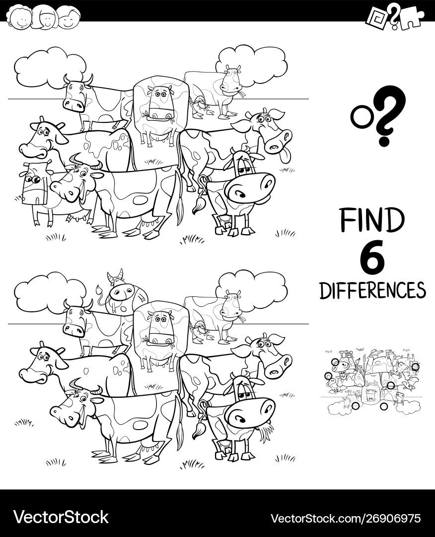 Differences color book with cows animal characters Differences color book with cows animal characters vector image
