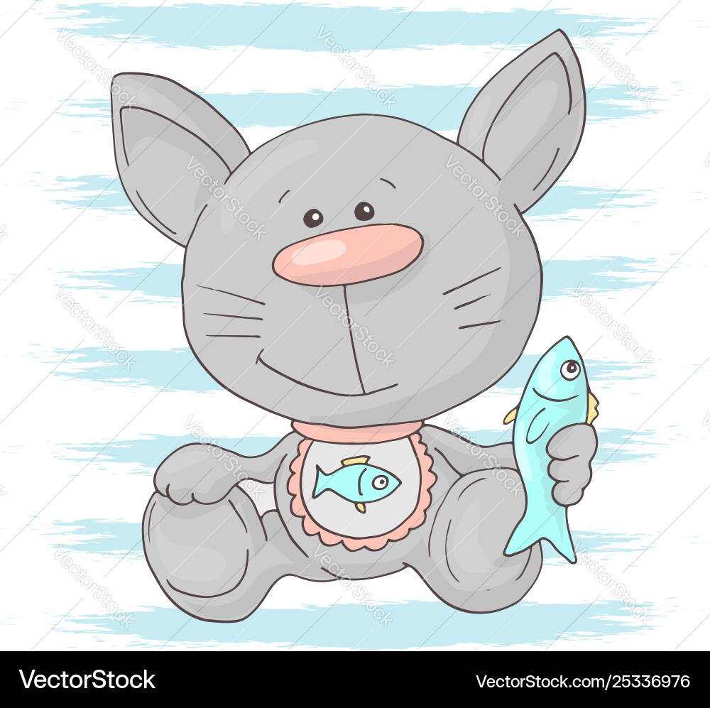 Postcard cute kitten with fish cartoon style Postcard cute kitten with fish cartoon style vector image