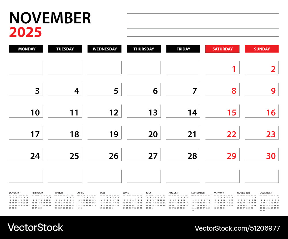 November 2025 year planner template calendar Vector Image