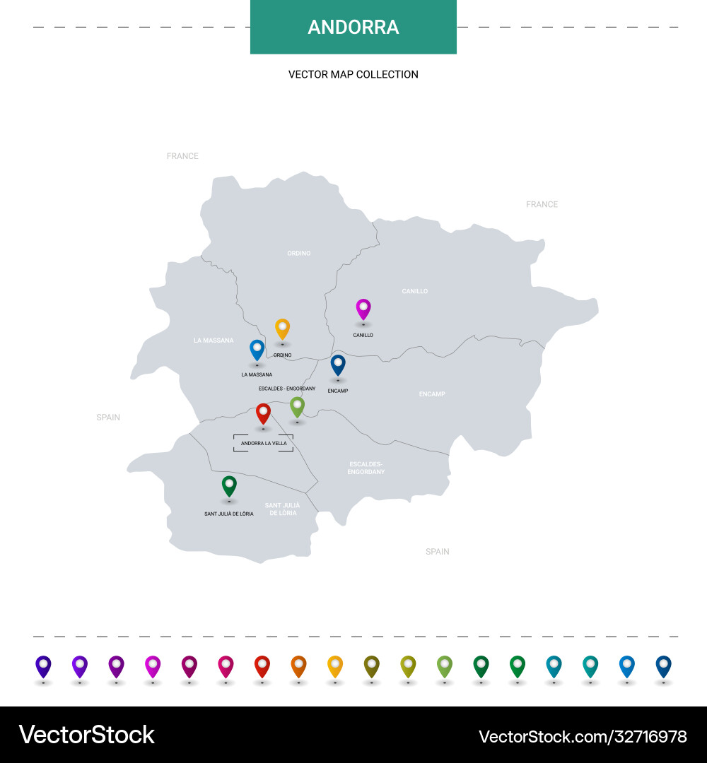 Andorra map with location pointer marks vector image