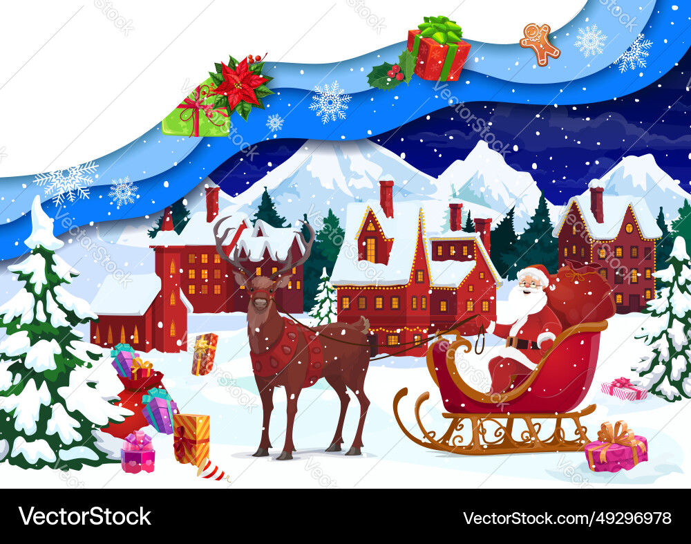 Christmas paper cut card winter snowy town santa Christmas paper cut card winter snowy town santa vector image