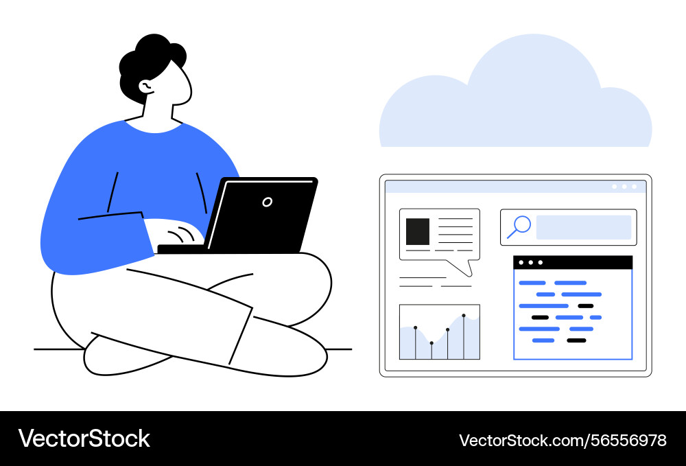 Person using laptop with cloud and data elements Person using laptop with cloud and data elements vector image