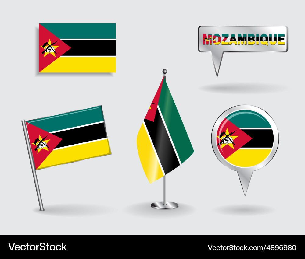 Mozambique Flag Icons & Map Pointer Set Vector Image