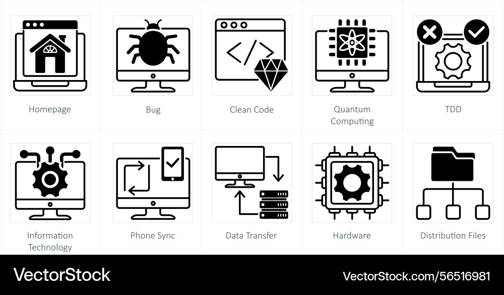 Ein Set von 10 Technologie-Icons als Homepage Bug Vektorbild