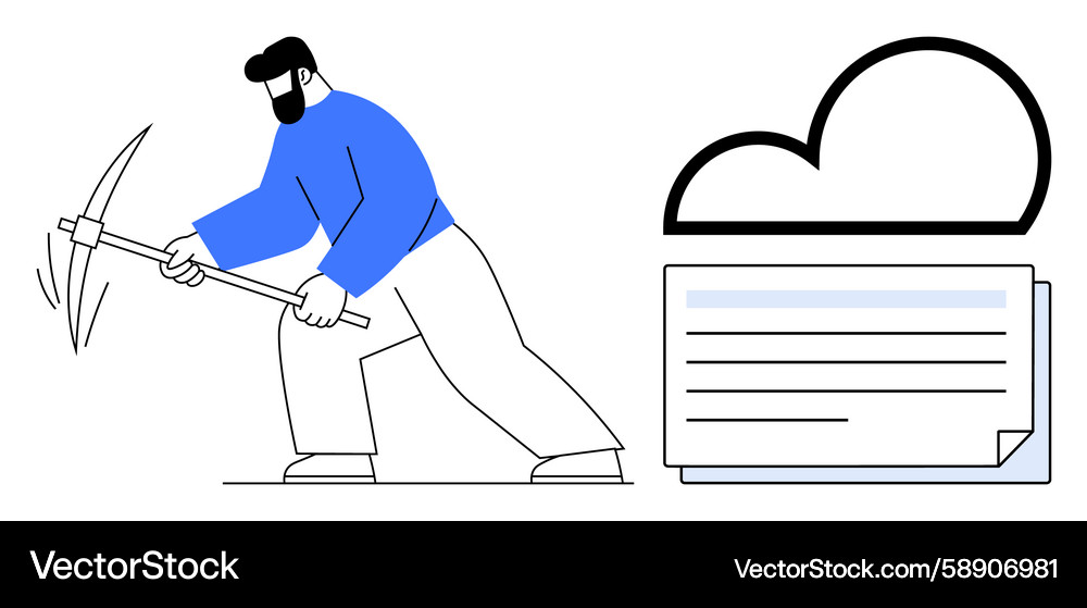 Man mining data with pickaxe next to cloud symbol Man mining data with pickaxe next to cloud symbol Vector Image