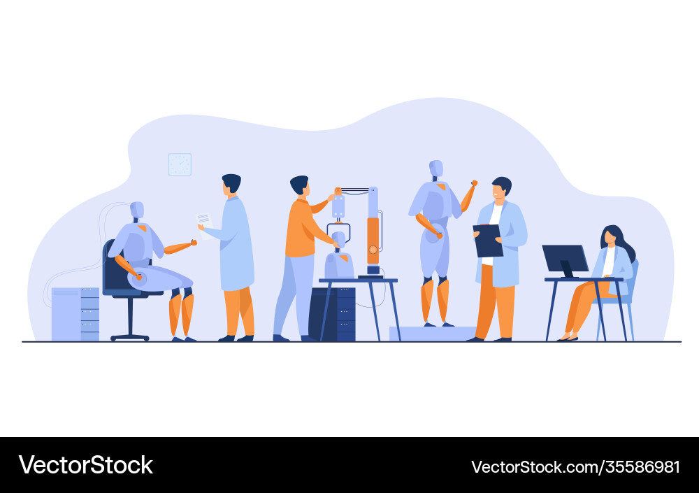 Scientists making robots in lab vector image