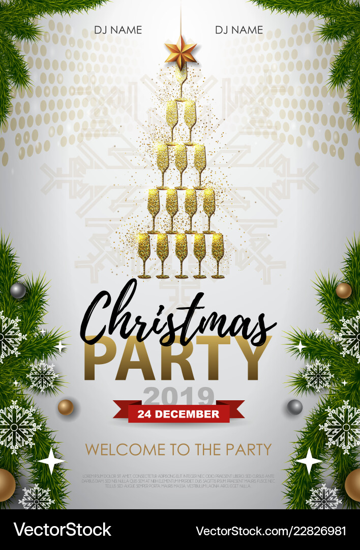 Weihnachtsfeier Plakat mit goldenem Champagner Vektorbild
