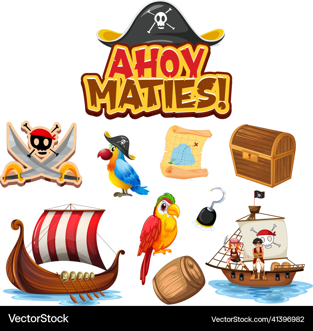 Set of pirate cartoon characters and objects Set of pirate cartoon characters and objects Vector Image