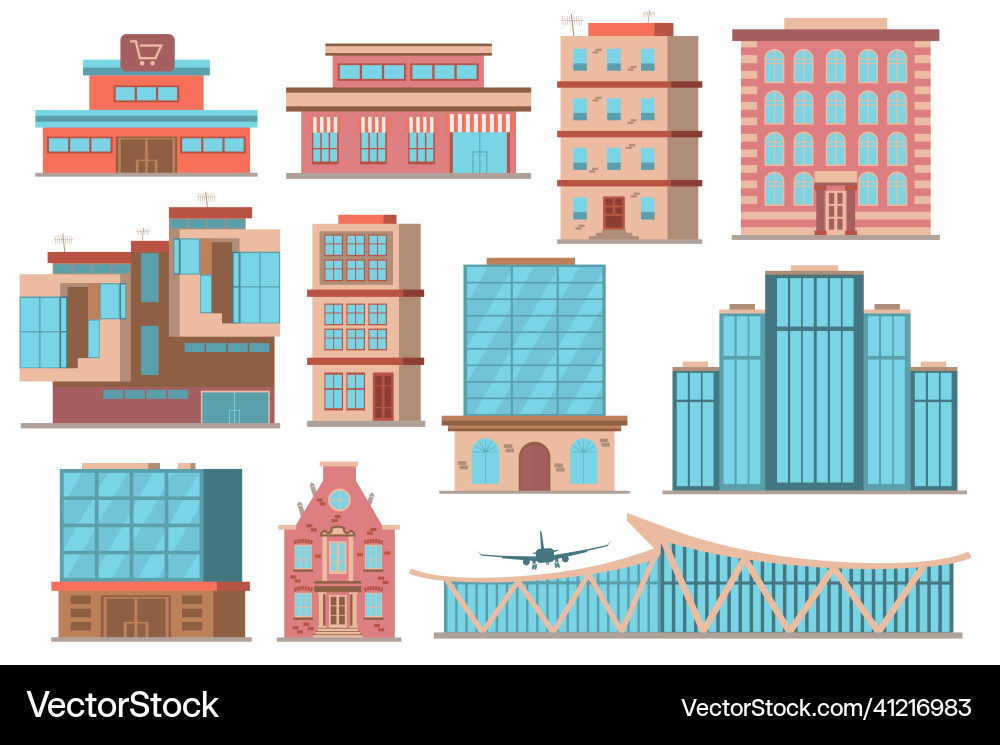 City buildings concept collection in flat cartoon vector image