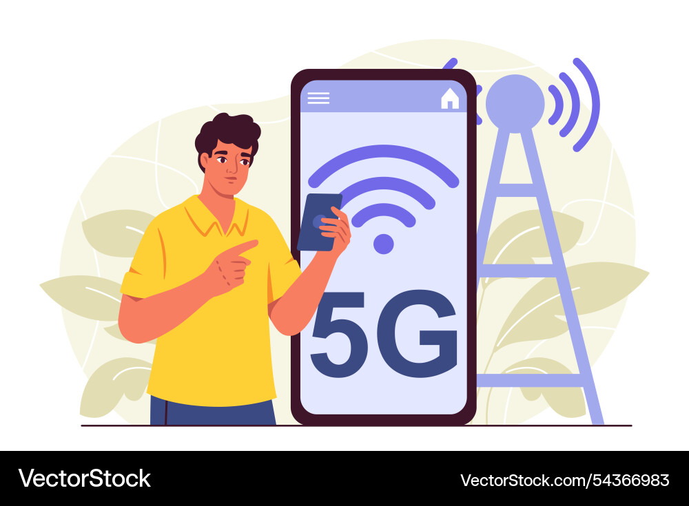 Mann mit 5g jungen Kerl in der Nähe von riesigem Smartphone Mann mit 5g jungen Kerl in der Nähe von riesigem Smartphone vektorbild