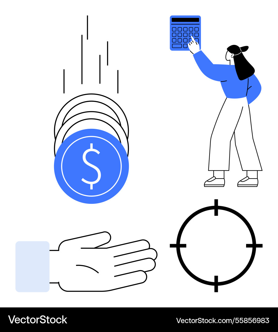 Person using calculator with falling coins open Person using calculator with falling coins open Vector Image