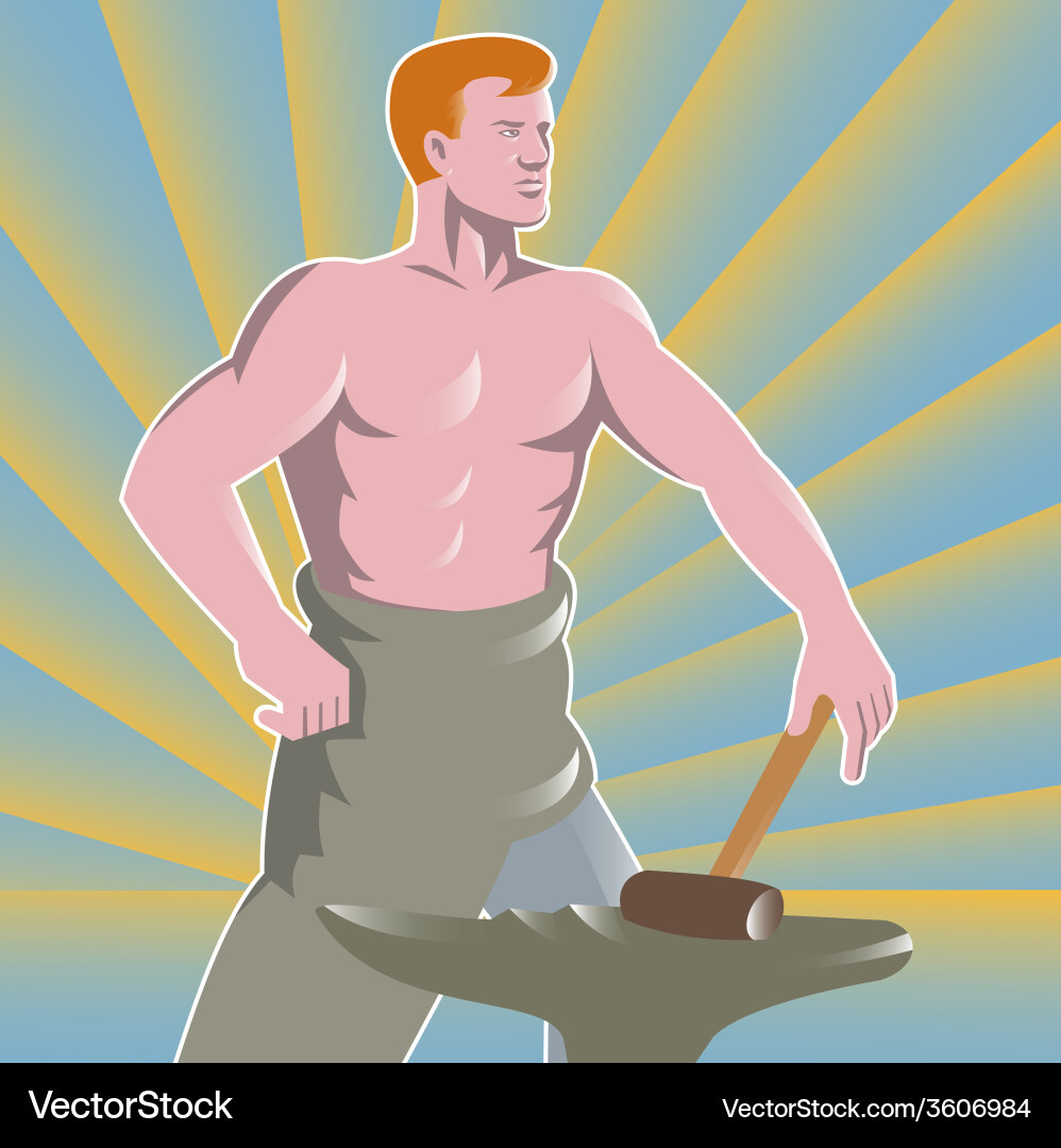 Blacksmith with hammer and anvil retro style Vector Image