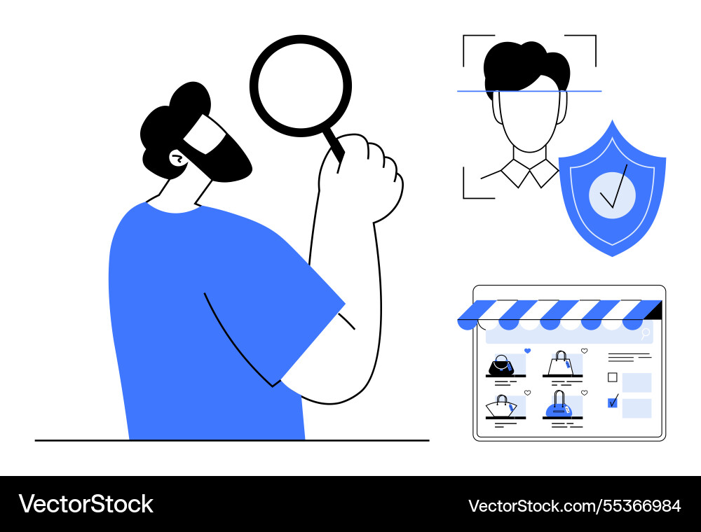 Man examining online user profile with magnifying Man examining online user profile with magnifying vector image